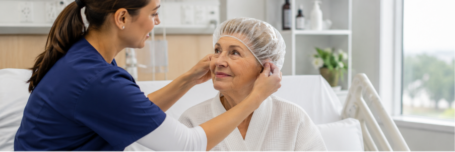 Patient wearing disposable shower cap