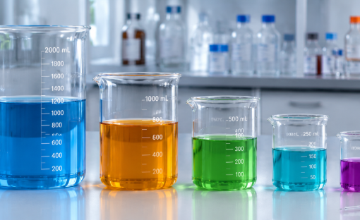 Laboratory beakers of various sizes on a research laboratory bench.