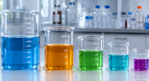 Laboratory beakers of various sizes on a research laboratory bench.