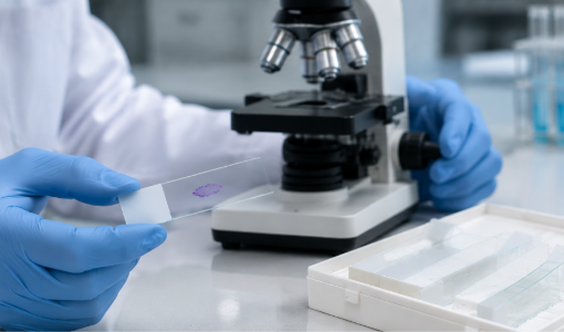 Medical laboratory scientist using a microscope slide