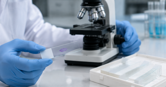 Medical laboratory scientist using a microscope slide