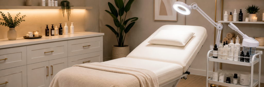 Modern salon treatment room with beauty bed, facial lamp and skincare station