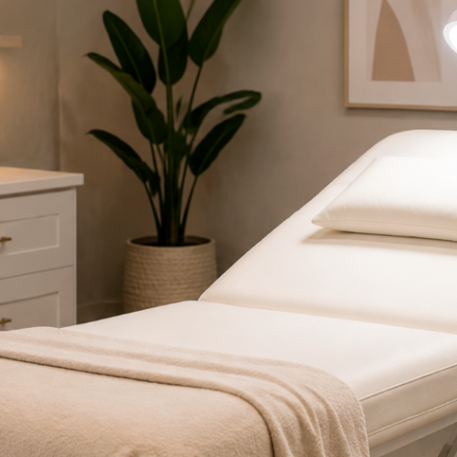 Modern salon treatment room with beauty bed, facial lamp and skincare station