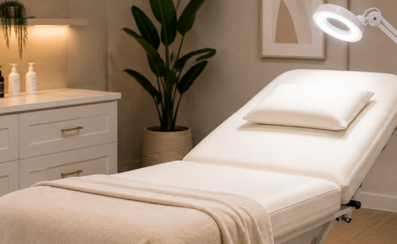 Modern salon treatment room with beauty bed, facial lamp and skincare station