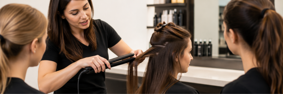 Professional hair straightener styling in salon.