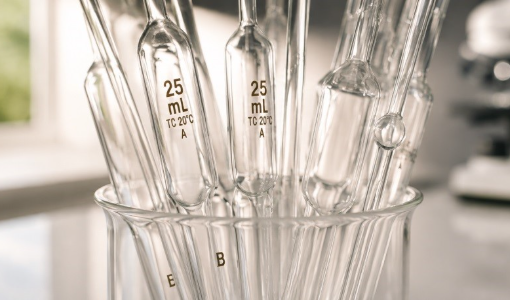 Close-up of Laboratory Pipettes and Beaker