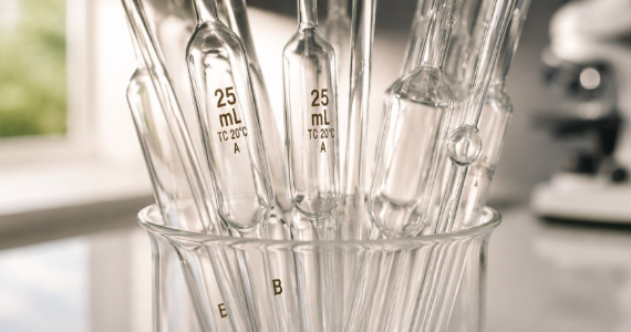 Close-up of Laboratory Pipettes and Beaker