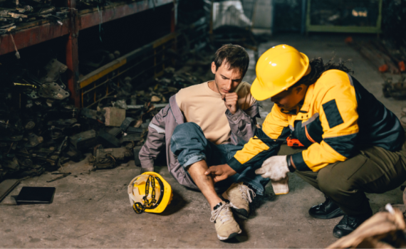 First aider aiding on man's right leg