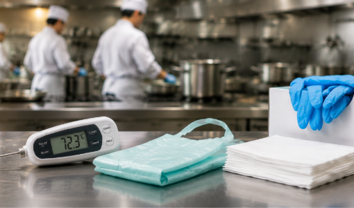 Commercial kitchen with food safety consumables supporting HACCP compliance