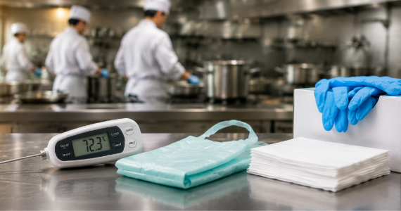 Commercial kitchen with food safety consumables supporting HACCP compliance