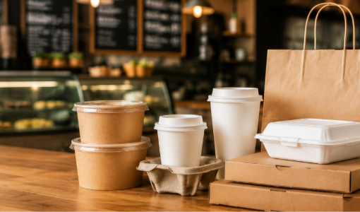 Takeaway food packaging and disposable cups on a café counter