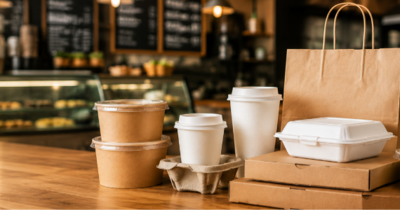 Takeaway food packaging and disposable cups on a café counter