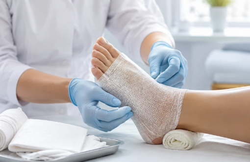 Clinician bandaging patient's injured ankle