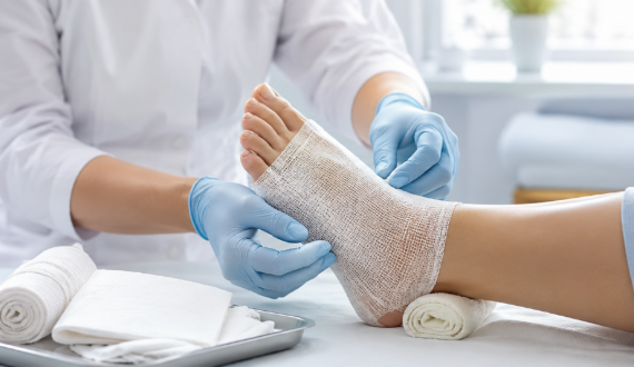Clinician bandaging patient's injured ankle