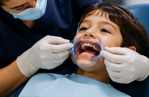 Paediatric dental patient using a lip and cheek retractor during a dental procedure.