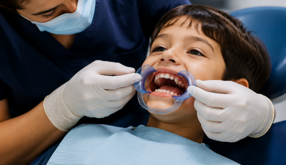Paediatric dental patient using a lip and cheek retractor during a dental procedure.
