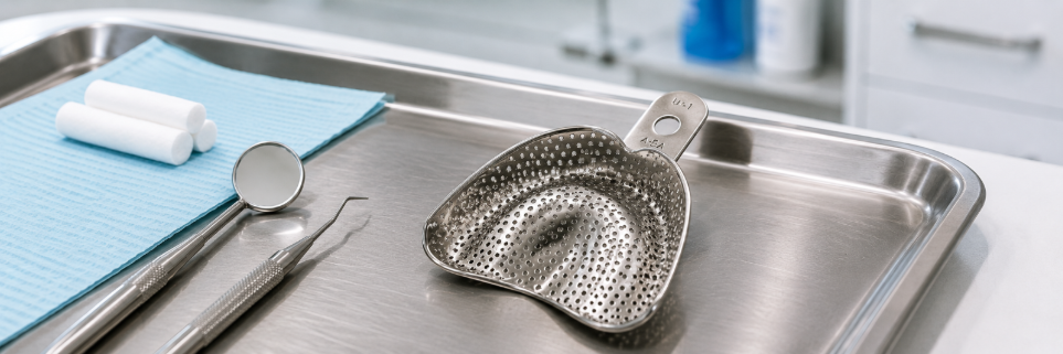 Dental impression tray on clinical instrument tray