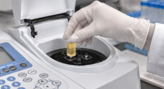 Laboratory technician placing a cuvette into a spectrophotometer for sample analysis