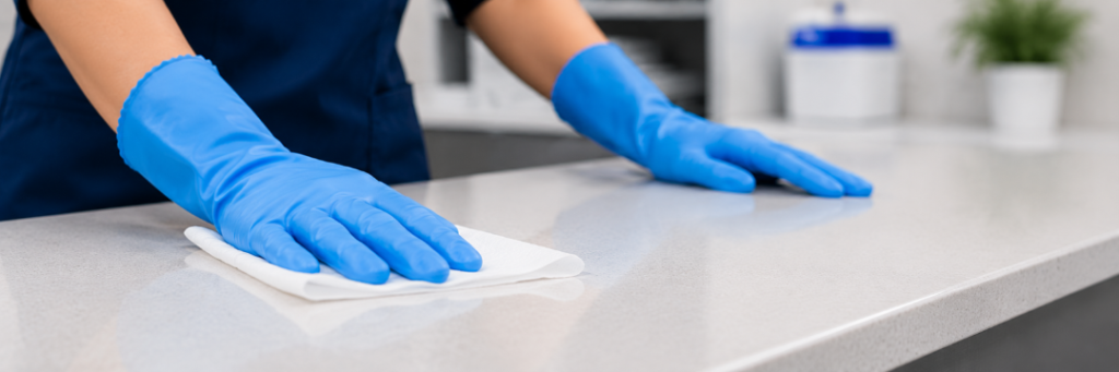 Gloved hands wiping down a surface with a detergent wipe during routine cleaning.