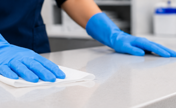 Gloved hands wiping down a surface with a detergent wipe during routine cleaning.