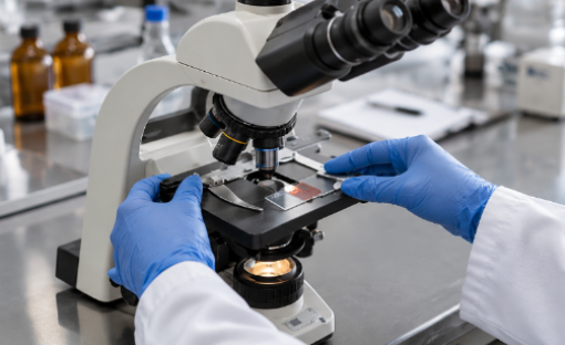 Laboratory microscope setup with slides prepared for examination