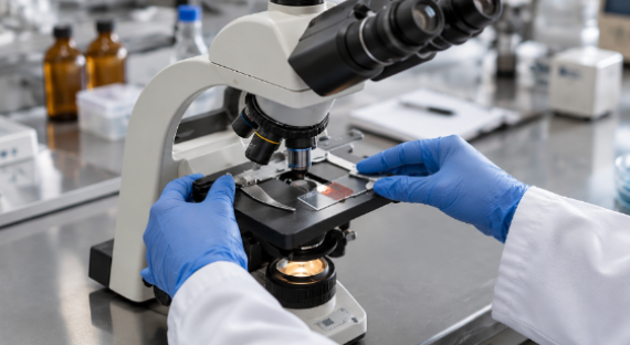 Laboratory microscope setup with slides prepared for examination