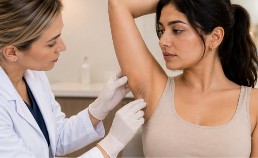 Sensitive underarm skin with eczema irritation, moisturiser and sterile nonwoven swabs for skin and wound care