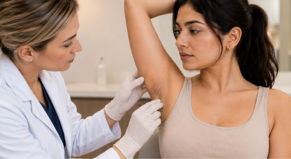 Sensitive underarm skin with eczema irritation, moisturiser and sterile nonwoven swabs for skin and wound care
