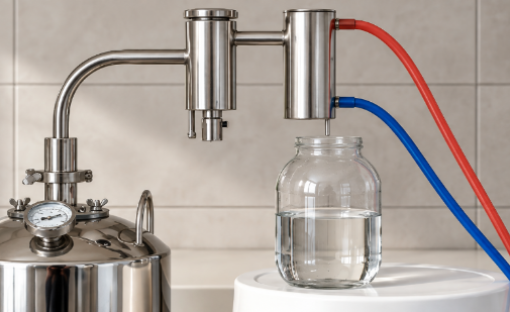 Laboratory water distiller producing purified water in a glass collection container