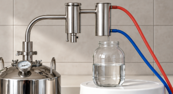 Laboratory water distiller producing purified water in a glass collection container