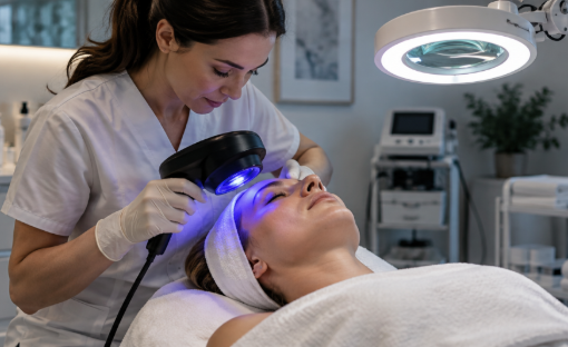 Electric Wood lamp for skin analysis and magnifying beauty examination lamp with clamp arranged in a professional beauty clinic skin analysis setting