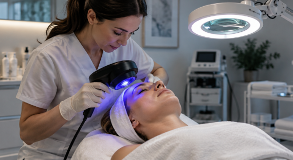 Electric Wood lamp for skin analysis and magnifying beauty examination lamp with clamp arranged in a professional beauty clinic skin analysis setting