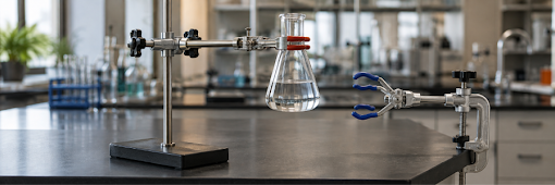 Bosshead clamp, bench clamp and three-fork retort clamp arranged in a laboratory support setup