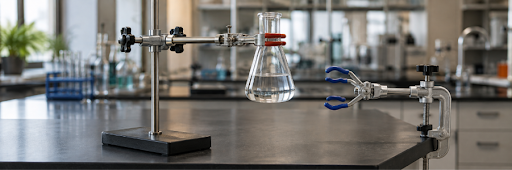 Bosshead clamp, bench clamp and three-fork retort clamp arranged in a laboratory support setup