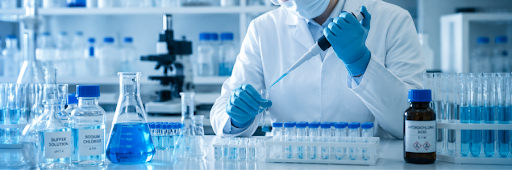 Laboratory technician preparing chemical reagents in an Australian healthcare pathology laboratory