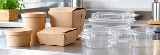 Paper and clear plastic takeaway containers placed side by side on a bench