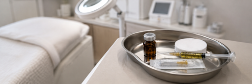 Sterile hypodermic needles and facial wipes on a clean clinical beauty treatment