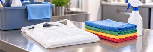 White disposable apron folded beside colour-coded cleaning cloths and a spray bottle