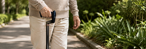 Older adult using a walking stick with an ergonomic handle for balance and support outdoors.