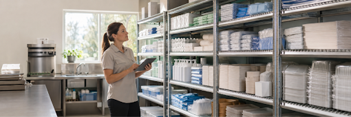 Staff member managing organised hospitality consumables in a professional storeroom.