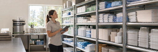 Staff member managing organised hospitality consumables in a professional storeroom.