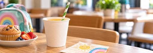 Child's drink cup with a paper straw on a cafe table
