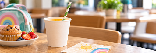 Child's drink cup with a paper straw on a cafe table