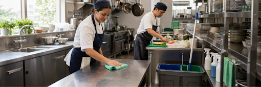 Commercial kitchen staff maintaining food safety with organised preparation zones and colour-coded cleaning equipment.