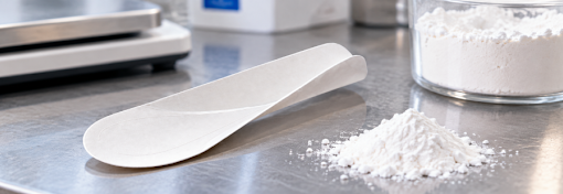 White disposable paper sampling spoon folded flat beside a small powder sample