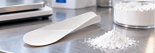 White disposable paper sampling spoon folded flat beside a small powder sample