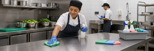 Hospitality staff cleaning and sanitising food preparation surfaces in a commercial kitchen.