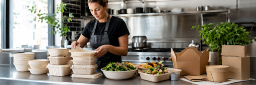 Hospitality staff using PFAS-free natural fibre food packaging in a commercial kitchen.